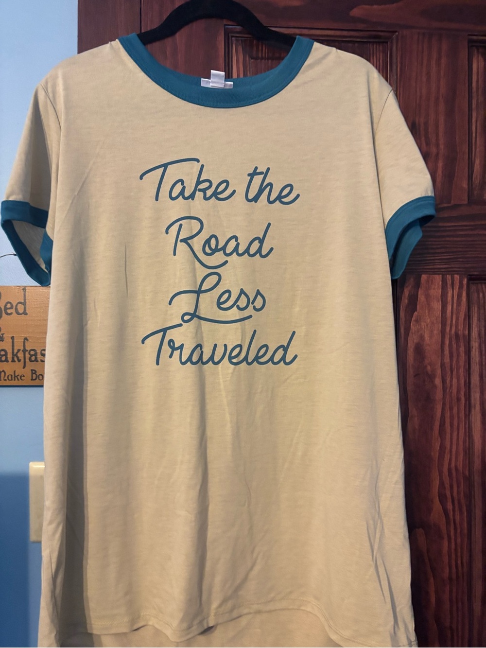 LuLaRoe Cream Short Sleeve Ringer Tee with Teal Script